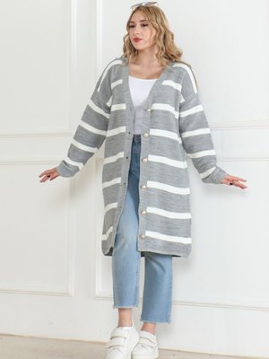 Çizgili Düğmeli Triko Hirka Gri