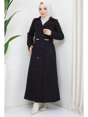 Siyah Kemeri Taşlı Düğmeli Kaşe Kaban Siyah Kemeri Taşlı Düğmeli Kaşe Kaban