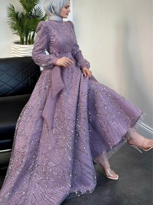 Vittoria Kolu Fiyonk Boncuk İşlemeli Abiye Elbise Lila