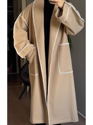 Örgü Detaylı Kaşe Kaban Krem Örgü Detaylı Kaşe Kaban Krem