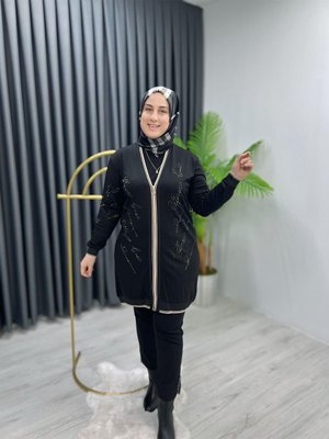 Fermuarlı Ribana Ve Yazı Detaylı Taşlı Hırka