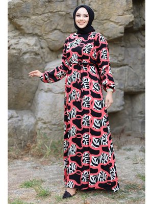 Fuşya Blok Desenli Beli Kuşaklı Viskon Elbise Fuşya Blok Desenli Beli Kuşaklı Viskon Elbise