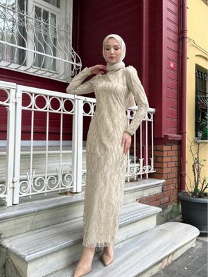 Boydan Dalga Desenli Simli Abiye Elbise Vizon