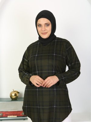 Süet Örme Yumusak Kumaş Rahat Mevsimlik Ekose Haki Tunik