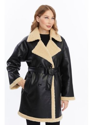 Kürklü Uzun Suni Deri Mont Siyah