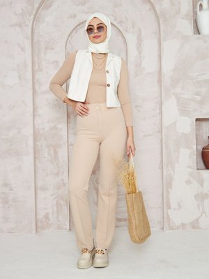 Likralı Önü Çimalı Palazzo Pantolon