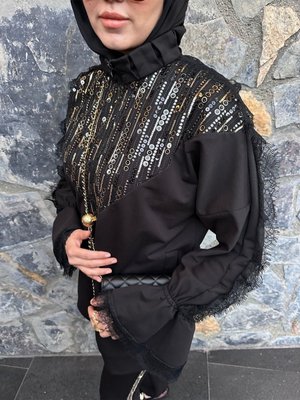 Gold Dantelli Siyah Eşofman Takımı