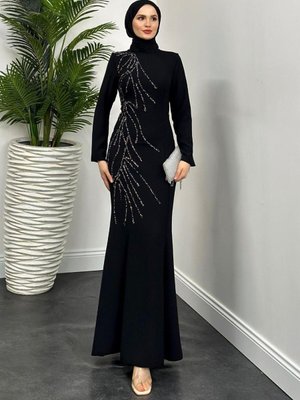 Frezya Yanı Taşlı Balık Abiye Elbise Siyah