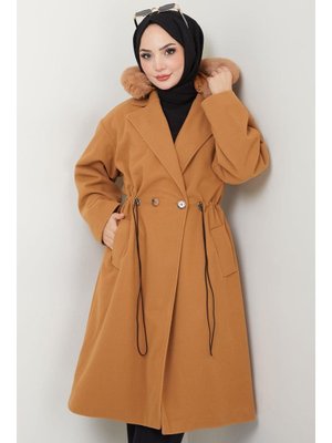 Taba Kapüşonlu Beli Büzgülü Kaşe Kaban Taba Kapüşonlu Beli Büzgülü Kaşe Kaban