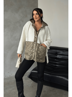 Haki Yeşili Kapitone Kumaş Peluş Garnili Ceket