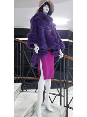 Mor Yaka Ve Kollar Kürklü İçi Nubuk Kemerli Kürk Kaban