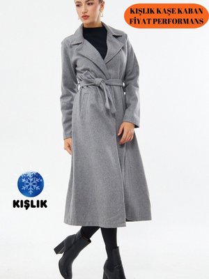 Füme Kuşaklı Kışlık Kaşe Kaban Astarsız