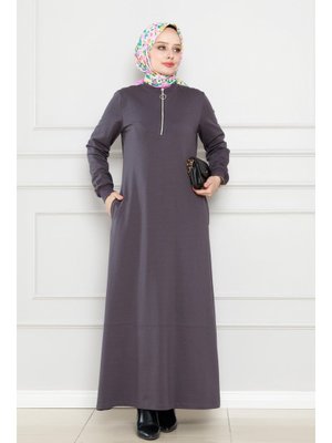 Antrasit Önü Fermuar Detaylı İki İplik Elbise Antrasit Önü Fermuar Detaylı İki İplik Elbise