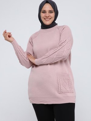 Büyük Beden Kolu Saç Örgülü Cepli Kışlık Triko Tunik Büyük Beden Kolu Saç Örgülü Cepli Kışlık Triko Tunik
