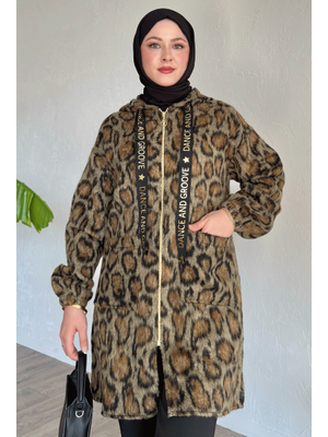 Kapüşonlu Leopar Desenli Camel Kap Kapüşonlu Leopar Desenli Camel Kap