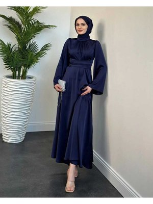 İspanyol Kol Belden Çapraz Bağlama Saten Abiye Elbise