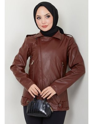 Kahverengi Fermuarlı Kısa Suni Deri Mont Kahverengi Fermuarlı Kısa Suni Deri Mont
