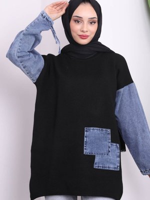 Siyah Kol Kot Detaylı Triko Tunik Siyah Kol Kot Detaylı Triko Tunik