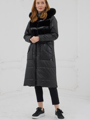 Siyah Rugan Şeritli Kürklü Kaban