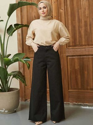 Bol Paça Püsküllü Pantolon Siyah