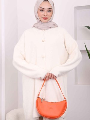 Ekru Düğmeli Angora Triko Hırka