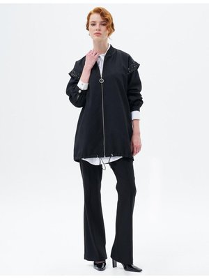 Etek Ucu Büzgülü Jakarlı Ceket Siyah