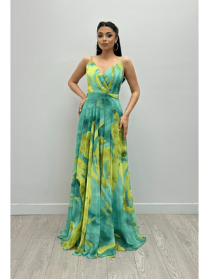 Mint Yeşili Organze Sifon Kumaş Desenli Maxi Elbise