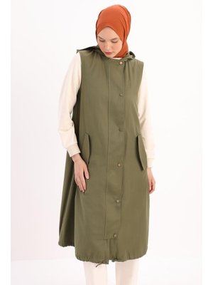 Haki Kapüşonlu Çıtçıtlı Yelek