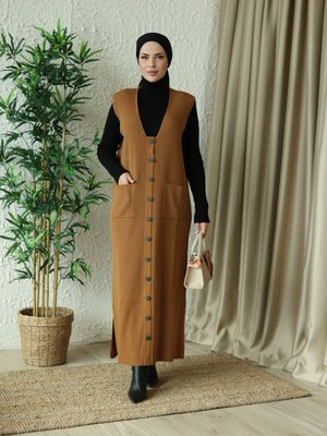 Tesettür Triko Düğmeli Cep Detaylı Yelek