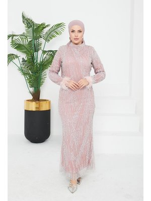 Pudra Verda Taşlı Abiye Elbise