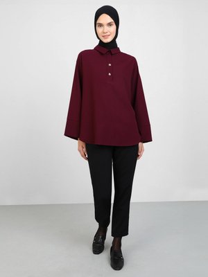 Düğme Detaylı Polo Yaka Tunik Mürdüm