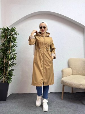 Taba Bel Tünelli Çizgili Latte Trençkot Taba Bel Tünelli Çizgili Latte Trençkot