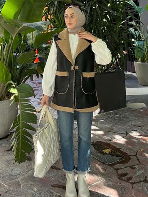 Garnili Içi Kürk Detaylı Deri Yelek Kahverengi