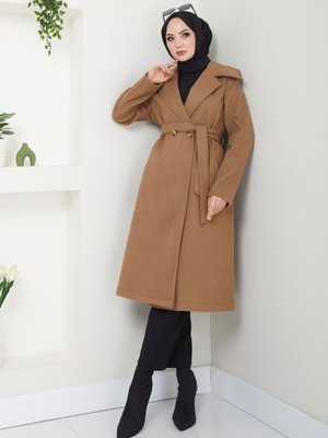 Kahverengi Şal Yaka Düğmeli Kuşaklı Kaşe Kaban