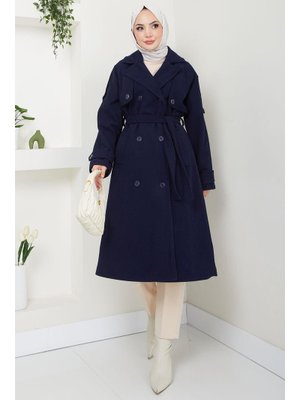 Lacivert Kruvaze Yaka Düğmeli Kuşaklı Kaşe Kaban Lacivert Kruvaze Yaka Düğmeli Kuşaklı Kaşe Kaban