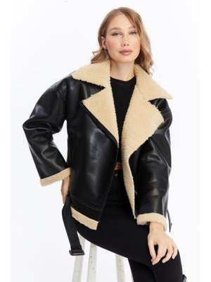 Kürklü Suni Deri Mont Siyah