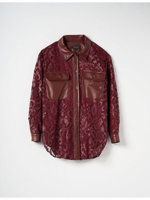 Deri Garnili Desenli Gömlek Bordo