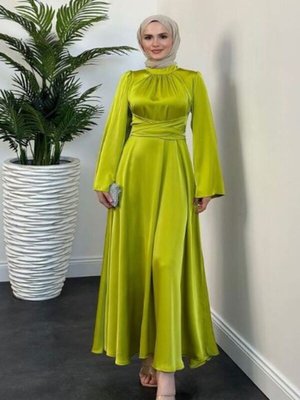 İspanyol Kol Beli Dolamalı Saten Abiye Elbise