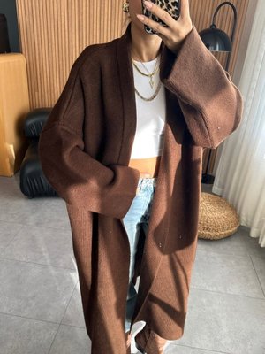 Kahverengi Maxi Boy Uzun Polarlı Kalın Triko Hırka