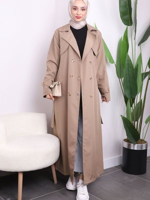 Vizon Bel Kuşaklı Düğmeli Trenç Vizon Bel Kuşaklı Düğmeli Trenç