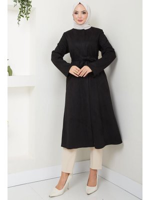 Siyah Fermuarlı Kuşaklı Süet Kap