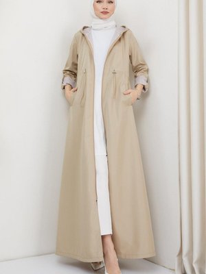 Kapüşonlu Çizgili Uzun Trençkot Bej Kapüşonlu Çizgili Uzun Trençkot Bej