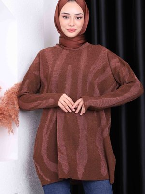 Kahverengi Desenli Simli Triko Tunik Kahverengi Desenli Simli Triko Tunik