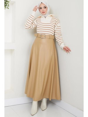 Bej Kemerli Deri Etek
