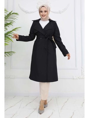 Siyah Kuşaklı Kruvaze Yaka Trençkot