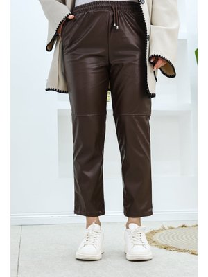 Acı Kahve Dizi Dikiş Detaylı Deri Pantolon