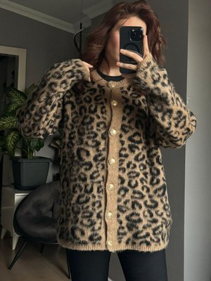 Leopar Desenli Triko Hırka Camel Leopar Desenli Triko Hırka Camel