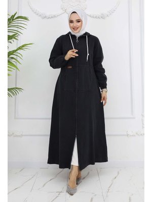 Siyah Kapüşonlu Kot Kap