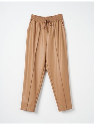 Bel Lastikli Suni Deri Pantolon Bej