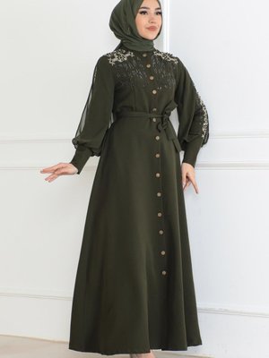 Haki Düğme Detaylı Elbise
